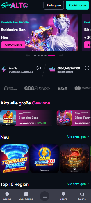 Spinalto Casino Screenshot mit der Startseite.