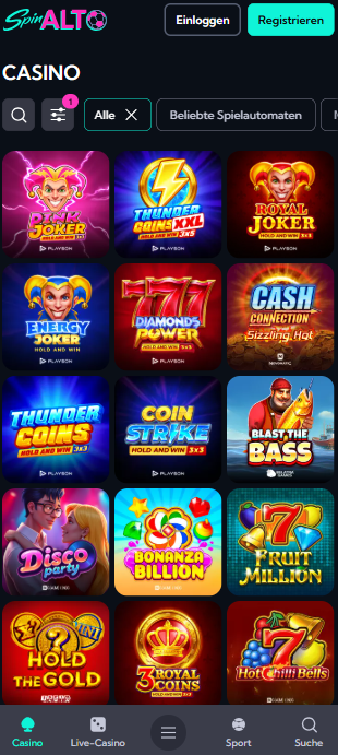 Spinalto Casino Screenshot mit der Spieleseite.