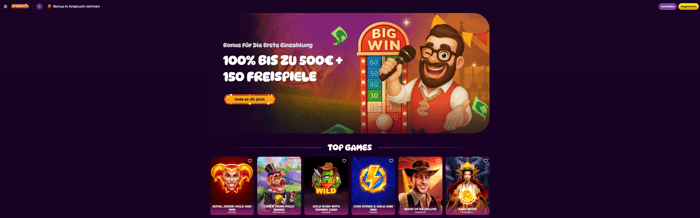 Startseite im Spinania Casino zeigt Willkommensbonus und top Spiele