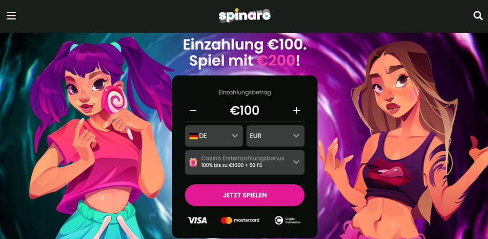 Die Homepage von Spinaro Casino mit einer Beschreibung über den Willkommensbonus von 100 % bis zu 1.000 € + 50 Freispielen