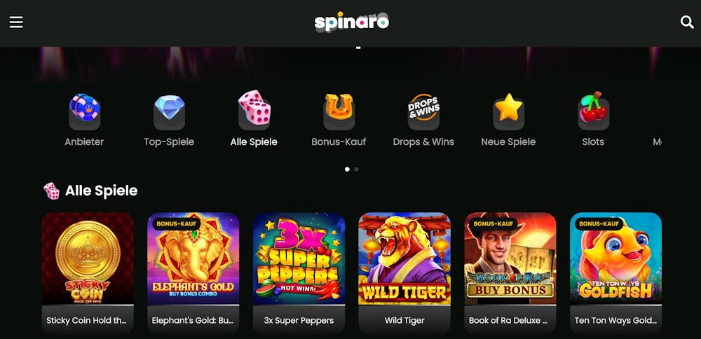 Eine Ansicht über die verschiedenen Slots bei Spinaro Casino, mit Titeln wie 3x Super Peppers und Wild Tiger