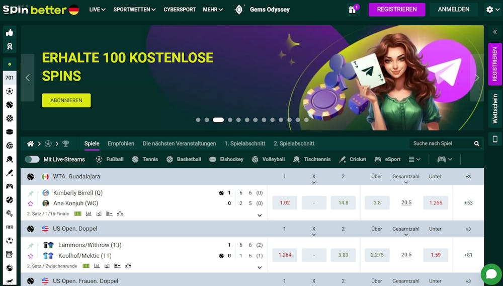 SpinBetter Casino Startseite mit Promotionenbanner, Menü, Anmeldebuttons, Sprachauswahl und Sportwettenüberblick