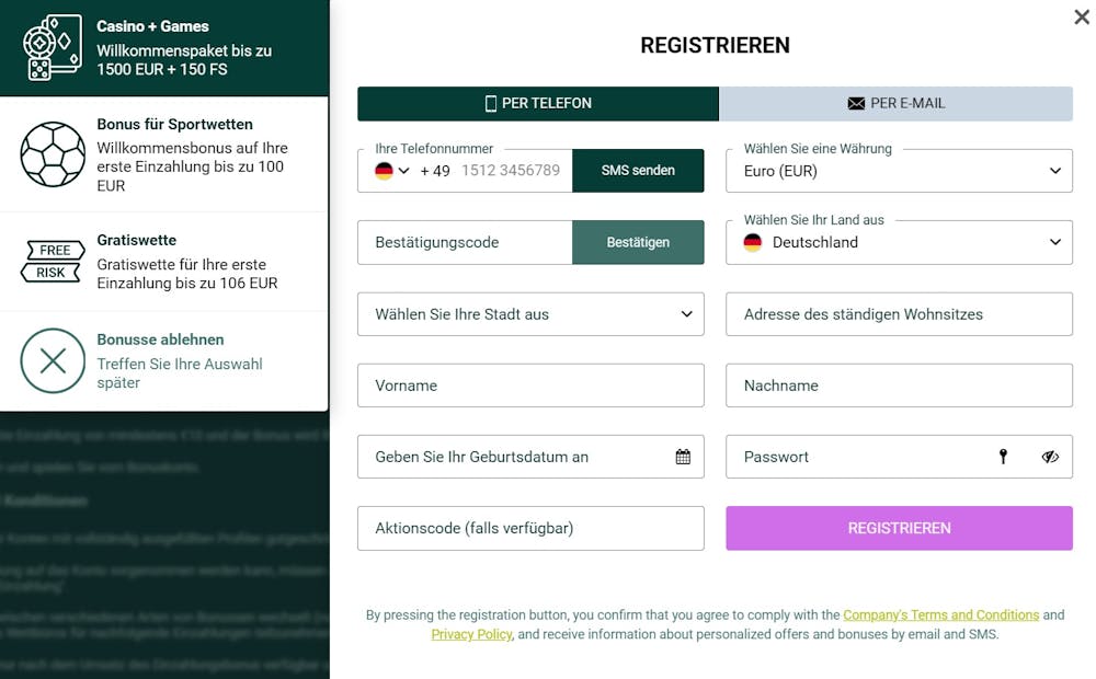 SpinBetter Casino Registrierungsformular