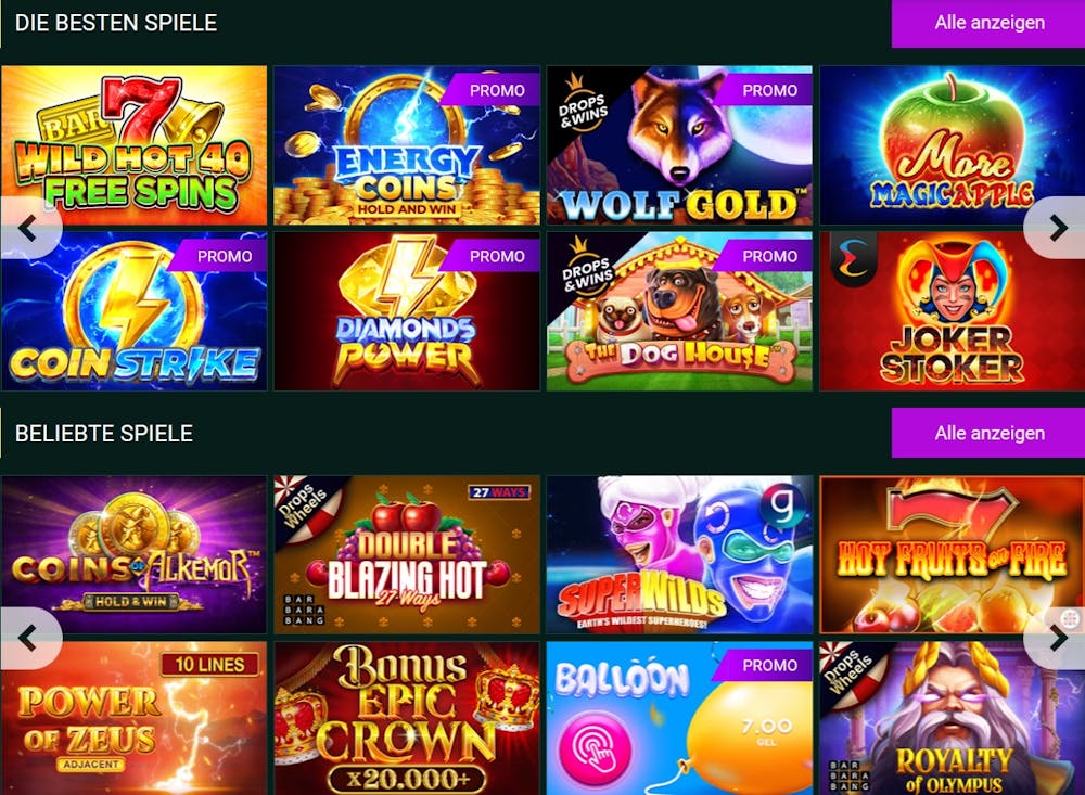 SpinBetter Casino Spiellobby mit besten und beliebten Spielen