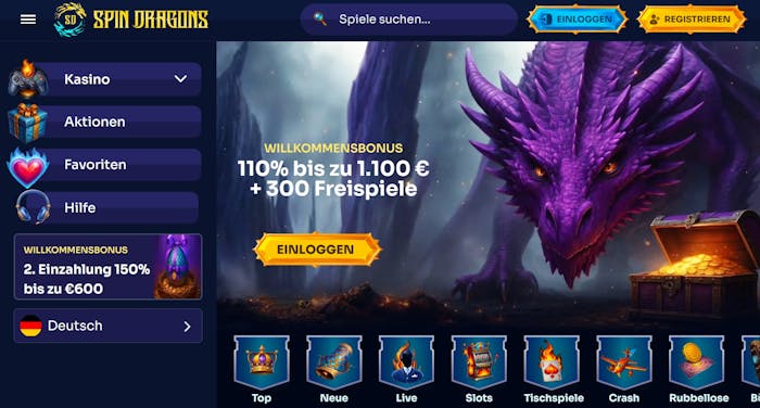 Startseite im Spin Dragons Casino zeigt Willkommensbonus und Spielkategorien