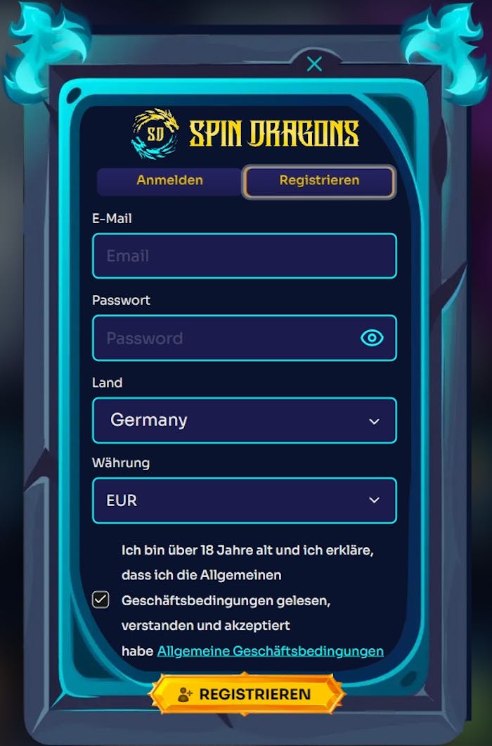 Anmeldeformular im Spin Dragons Casino