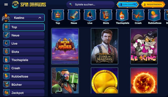 Spiellobby im Spin Dragons Casino zeigt Top Spiele wie Le King neben anderen Spielkategorien