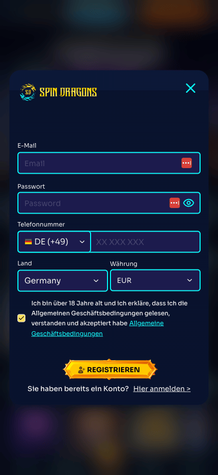 Anmeldeformular im Spin Dragons Casino