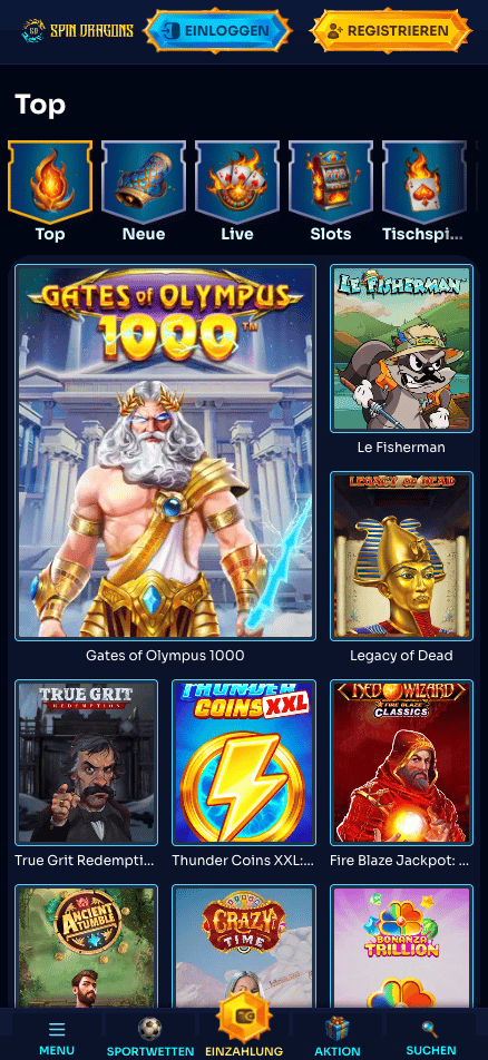 Spiellobby im Spin Dragons Casino zeigt top Spiele wie Gates of Olympus 1000 neben anderen Spielkategorien
