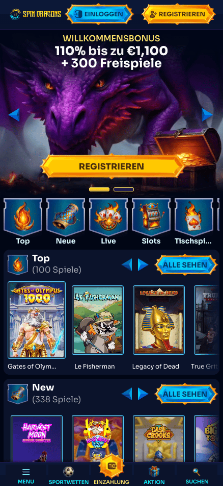 Startseite im Spin Dragons Casino zeigt Willkommensbonus neben top und neuen Spielen