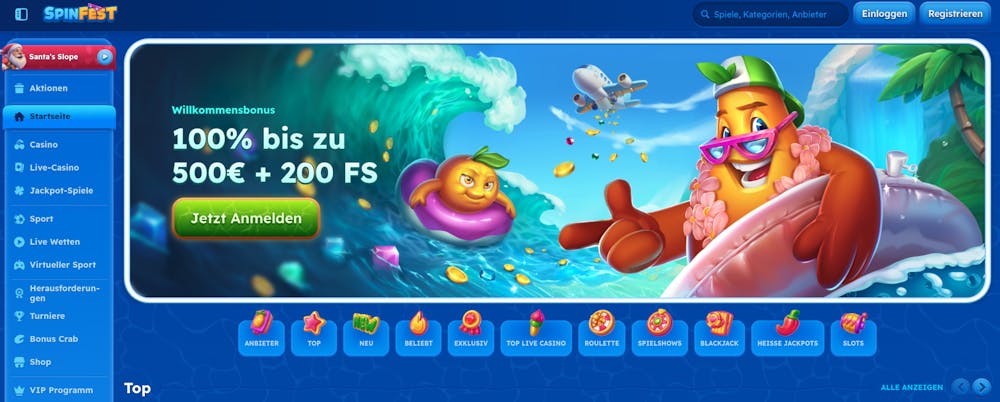 Startseite im Spinfest Casino zeigt Willkommensbonus, Spielkategorien und Menü