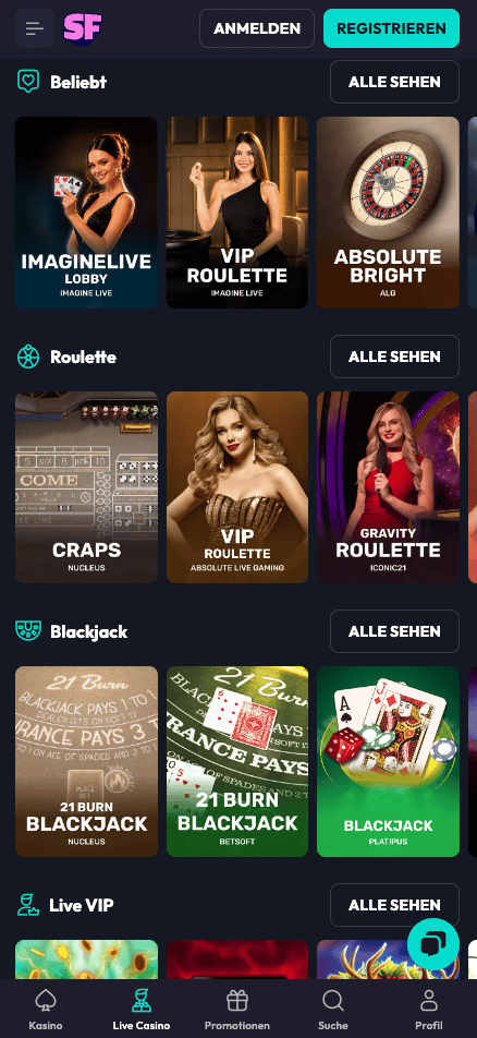 Spiellobby im SpinFever Casino zeigt Spiele wie VIP Roulette neben anderen Spielkategorien