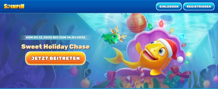 Startseite im Spinfin Casino zeigt Sweet Holiday Chase Angebot
