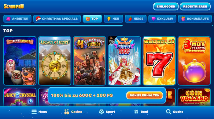 Spiellobby im Spinfin Casino zeigt top Spiele wie Coin Volcano neben anderen Spielkategorien