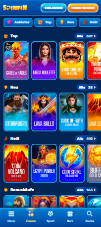 by im Spinfin Casino zeigt top Spiele wie Gates of Hades neben anderen Spielkategorien