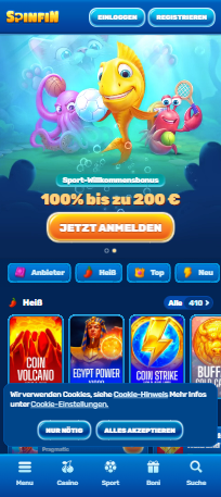 Startseite im Spinfin Casino zeigt Willkommensbonus und heiße Spiele