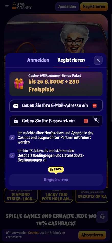 Anmeldeformular im Spin Granny Casino