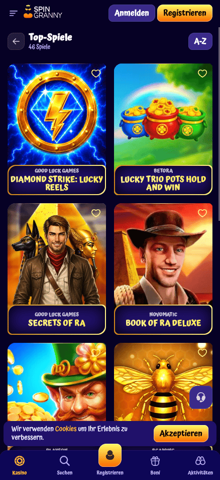 Spin Granny Casino Spiellobby zeigt top Spiele wie Secrets of Ra