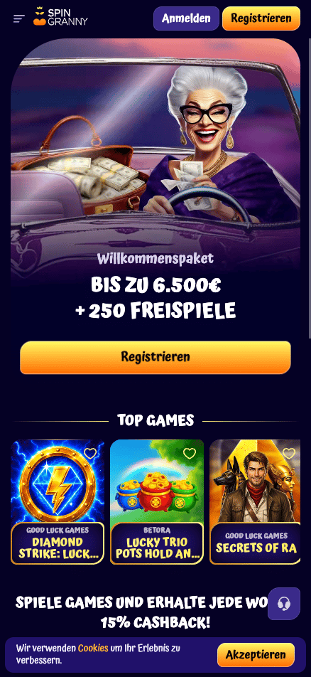 Startseite im Spin Granny Casino zeigt Willkommensbonus und top Spiele