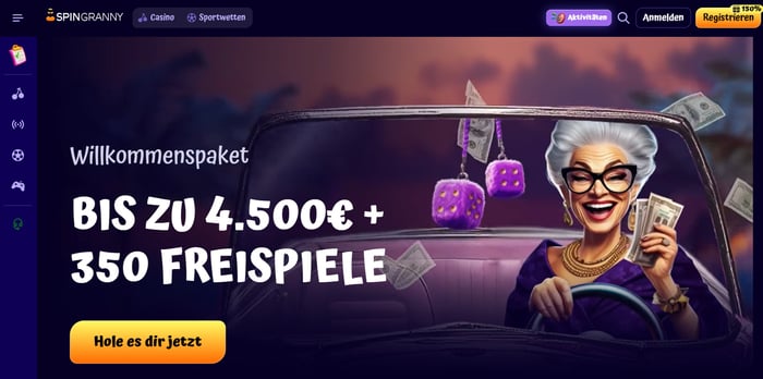 Spin Granny Casino Screenshot, auf welchem man die Startseite mit dem Willkommensbonus angezeigt sieht.