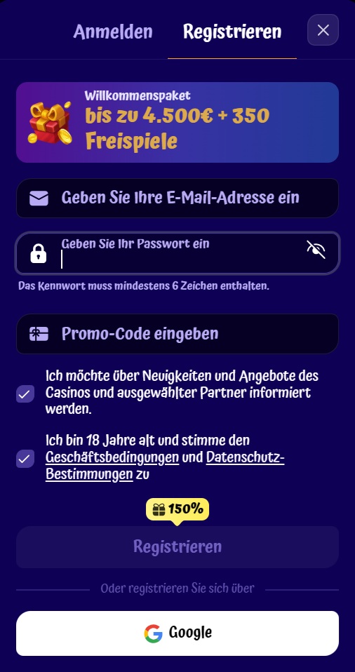 Spin Granny Casino Screenshot, auf welcher die Anmeldeseite zum Eingeben der Daten zu sehen ist.