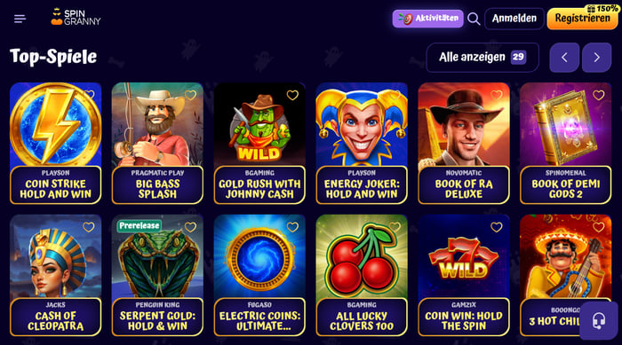 Spin Granny Casino Screenshot mit der Slot Seite.