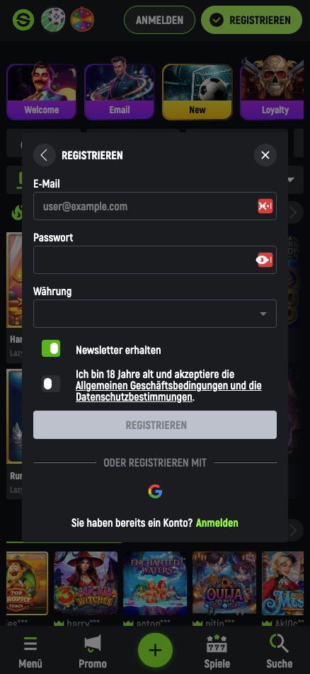 Anmeldeformular im Spin Green Casino