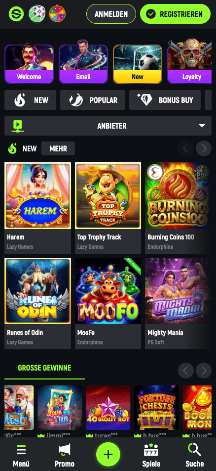 Spiellobby im Spin Green Casino zeigt Spiele wie Harem neben anderen Spielkategorien