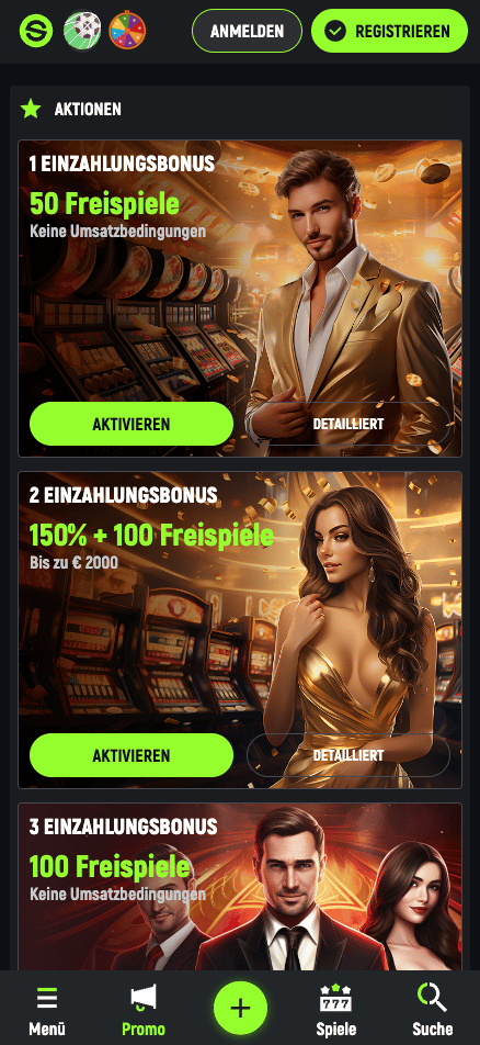 Startseite im Spin Green Casino zeigt Willkommensbonus