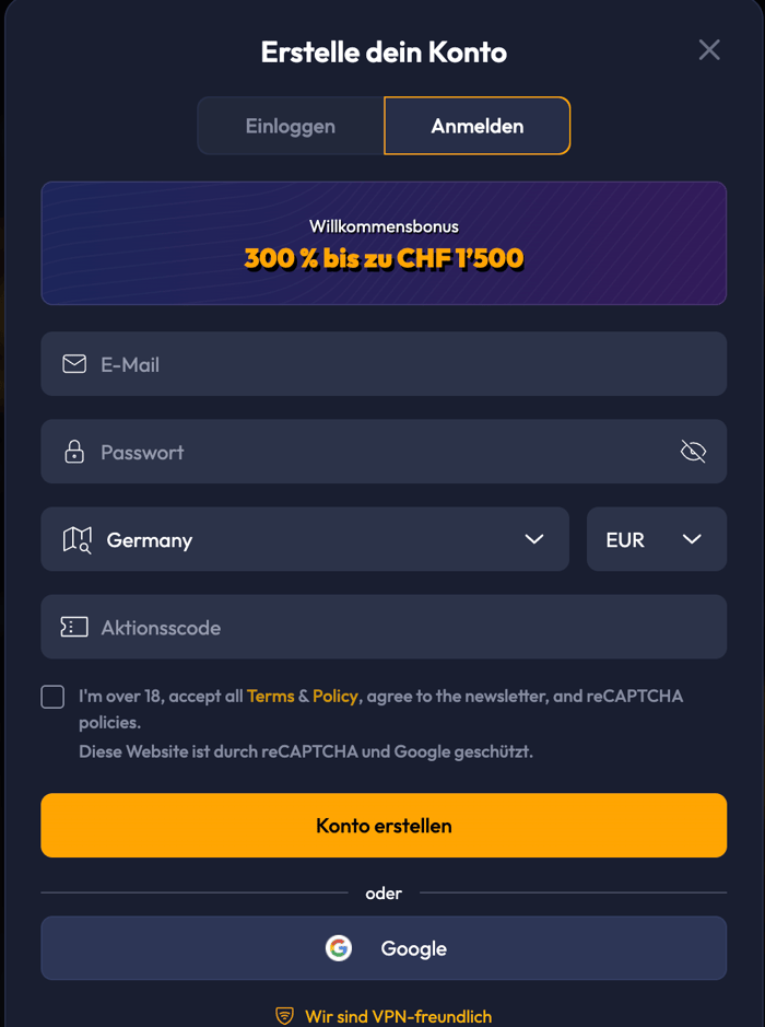Anmeldeformular im Spinhub Casino