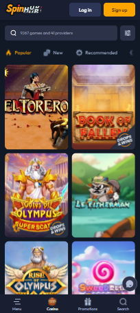 Spinhub Casino Spiellobby zeigt Spiele wie El Torero neben anderen Spielkategorien