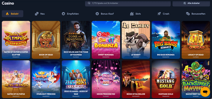 Spinhub Casino Spiellobby zeigt Spiele wie Sweet Bonanza neben anderen Spielkategorien