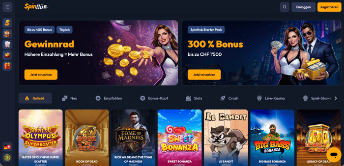 Startseite im Spinhub Casino zeigt Boni, Spielauswahl und Menü