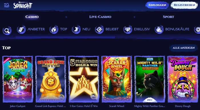 Spiellobby im Spinight Casino zeigt top Slots wie Joker Cashpot neben anderen Spielkategorien