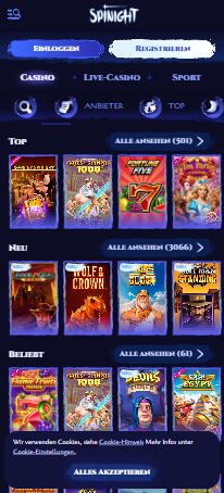 Spiellobby im Spinight Casino zeigt top Slots wie Gates of Olympus 1000 neben anderen Spielkategorien