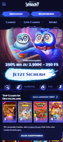Startseite im Spinight Casino zeigt Willkommensbonusangebot und Casinobereiche