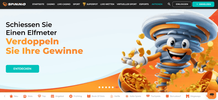 Screenshot vom Spininio Casino mit dem Willkommensbonus auf der Startseite.