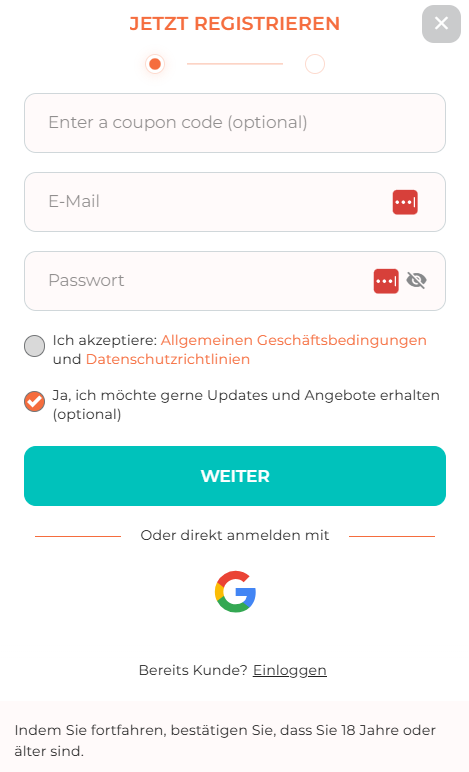 Spininio Casino Screenshot mit der Anmeldeseite.