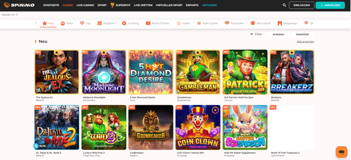 Spininio Casino Screenshot mit der Spieleseite.