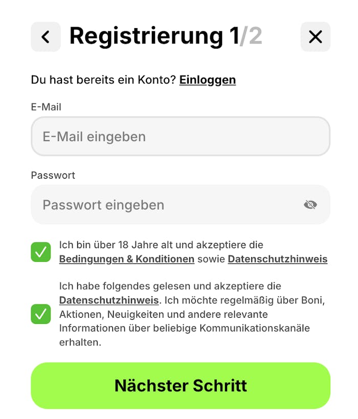 Anmeldeformular im Spinit Casino