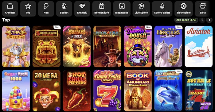 Spiellobby im Spinit Casino zeigt top Spiele wie Gates of Olympus