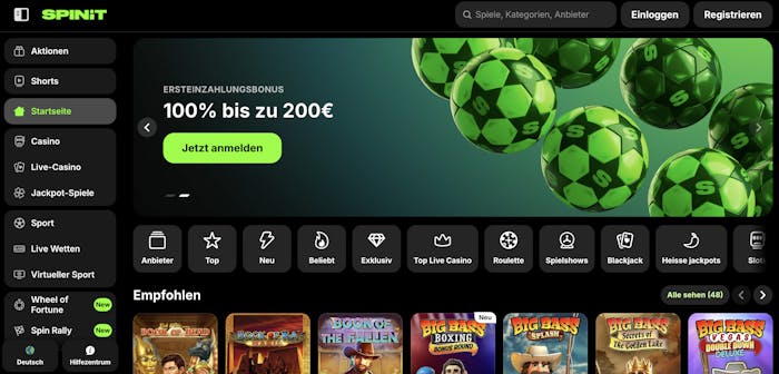 Startseite im Spinit Casino zeigt Willkommensbonus, empfohlene Spiele und Menü