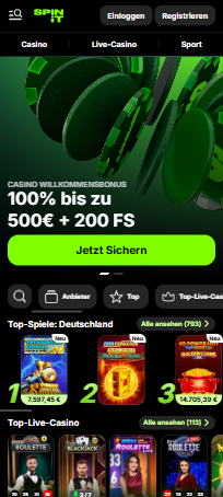 m Spinit Casino zeigt Willkommensbonus, empfohlene Spiele und Menü