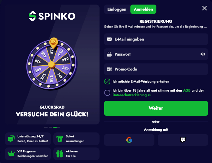 Anmeldeformular im Spinko Casino