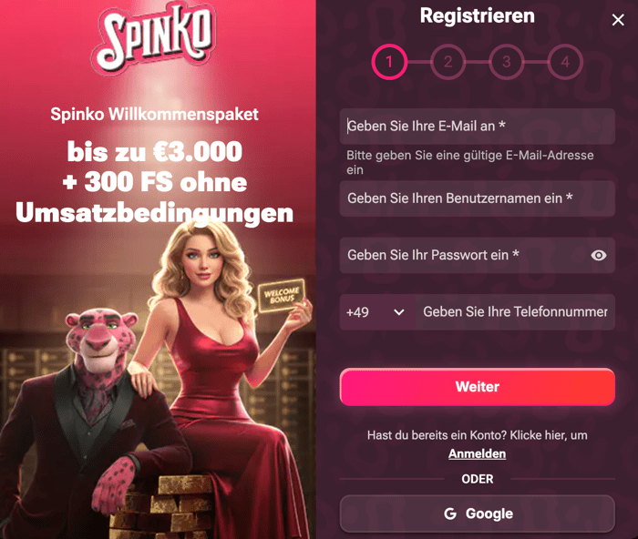 Anmeldeformular im Spinko Casino