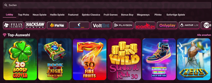 Spiellobby im Spinko Casino zeigt Spiele wie 30 Fire Fruites neben anderen Spielkategorien