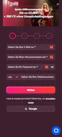 Anmeldeformular im Spinko Casino