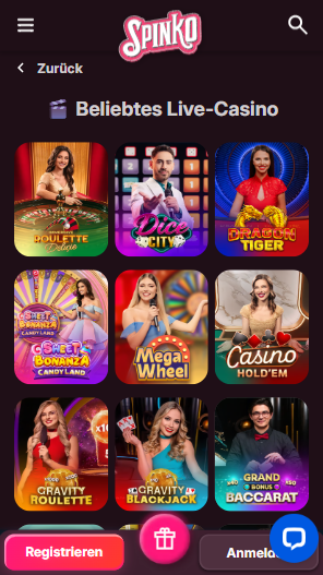 Spiellobby im Spinko Casino zeigt Spiele wie Mega Wheel neben anderen Spielkategorien