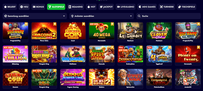 Spiellobby im Spinko Casino zeigt Spiele wie Bonanza Trillion neben anderen Spielkategorien