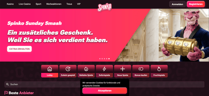 Startseite im Spinko Casino zeigt Spinko Sunday Smash, Menü und Spielkategorien